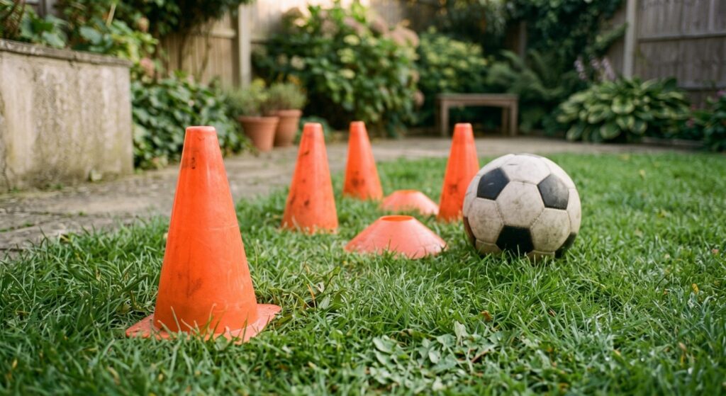 Cones and markers set up on backyard grass for a dribbling drill, with a soccer ball