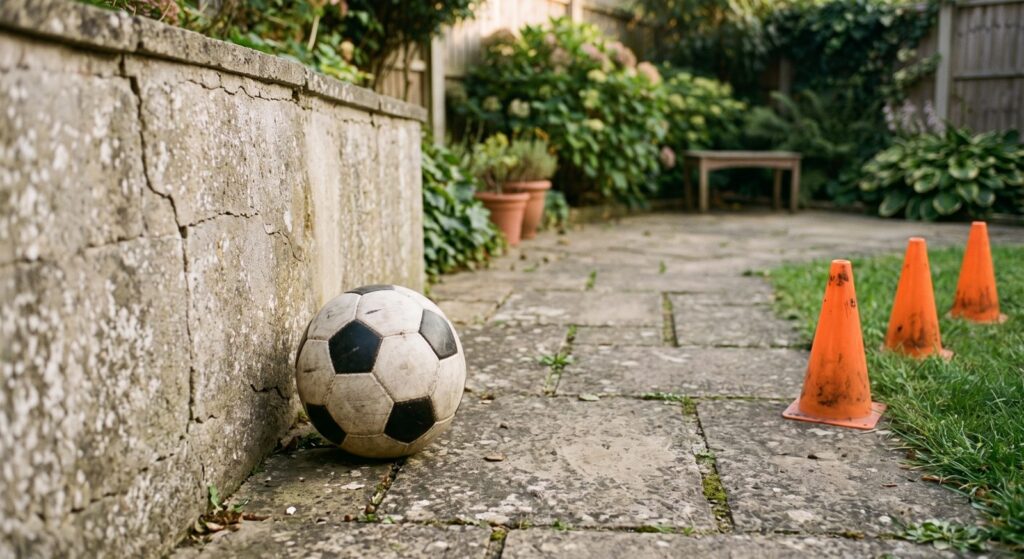 Soccer ball next to a garden wall for wall passing practice, with cones on the grass